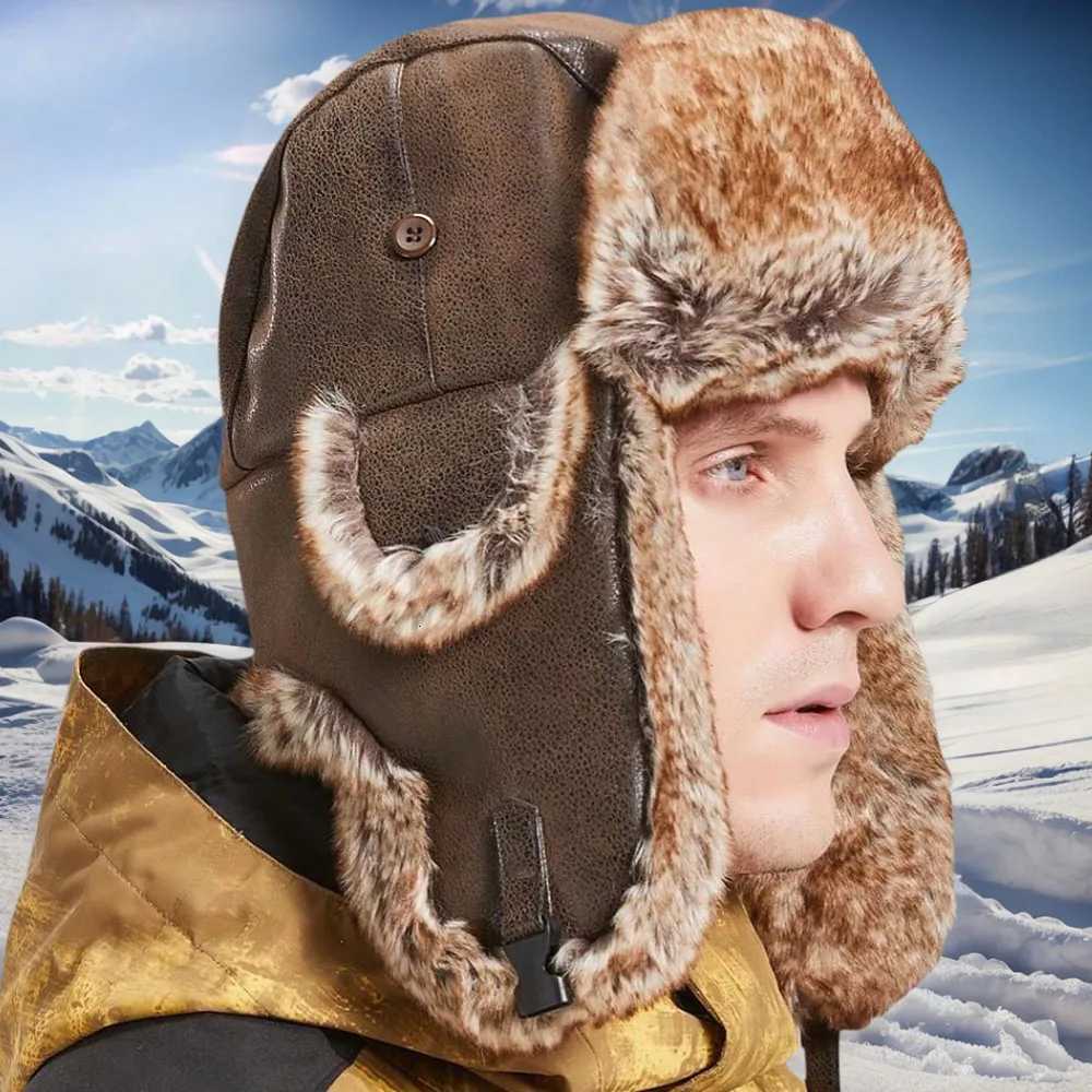 1 Piece Men Women Winter Bomber Hats Russian Ushanka Hat with Ear Fl Pu Leather Faux Fur Trper C Snow Hunting Skiing CXJ250910