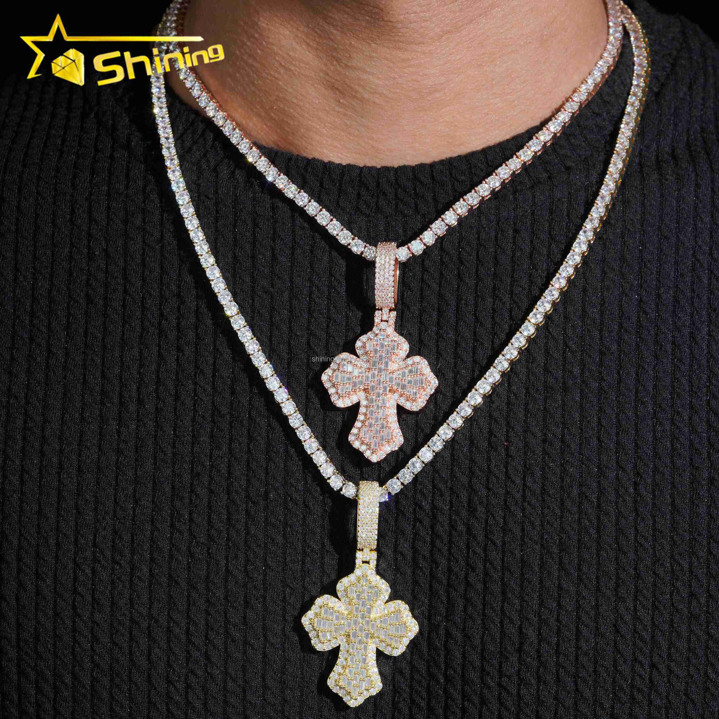 New Arrivals Fire Jewelry Hip Hop Stylish Rapper FL Moissanite Baguette Diamond S925 Solid Silver Iced Out Man Cross Pendant Set