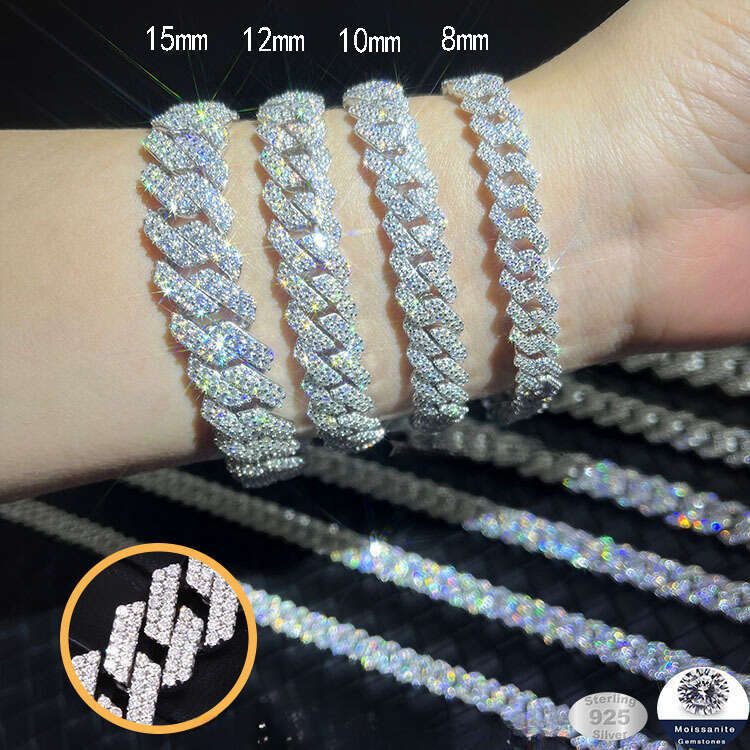 RTS Hot Sale VVS Moissanite Sterling Sier Iced Out Dia Cuban Chain Bracelet Fine Jewelry Bracelets Bangles
