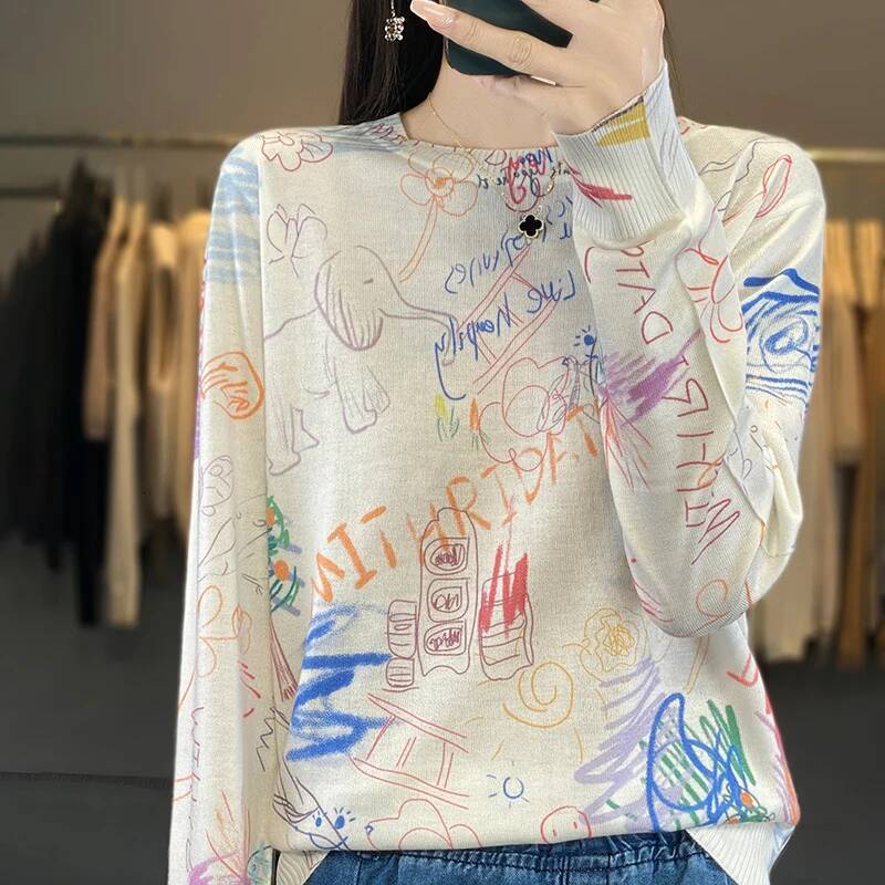 Autumn Winter New Worsted Wool And Mulberry Silk Printed Round Neck Sweater Fashion Joker Knit Loose Bottoming Shirt Top dongdumaoyi