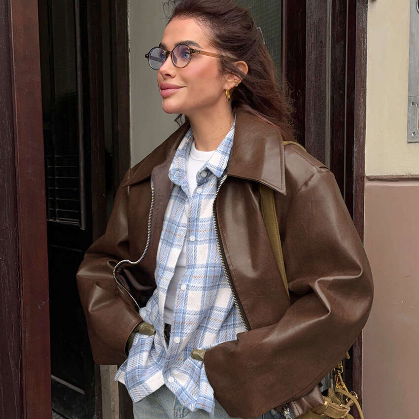 Angora Red Jacket Leather Motorcycle Girl Fashion Coat Autumn Winter New Niche Top Women's Elegant B3