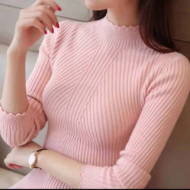 Mock Neck Ruffles Long Sleeve Knitted Bottoming Solid Pullovers Women Casual Stripe Sweater Autumn Winter 2023 dongdumaoyi