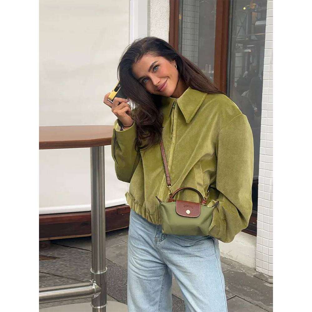 Designer Clothing 2025 Vintage Suede Cropped Jacket Women's Spring Fall Olive Green Casual Daily Zipper Coat 2025 New Outerwears Chic Streetwear