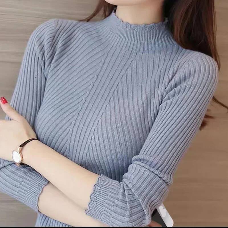 Mock Neck Ruffles Long Sleeve Knitted Bottoming Solid Pullovers Women Casual Stripe Sweater Autumn Winter 2023 dongdumaoyi