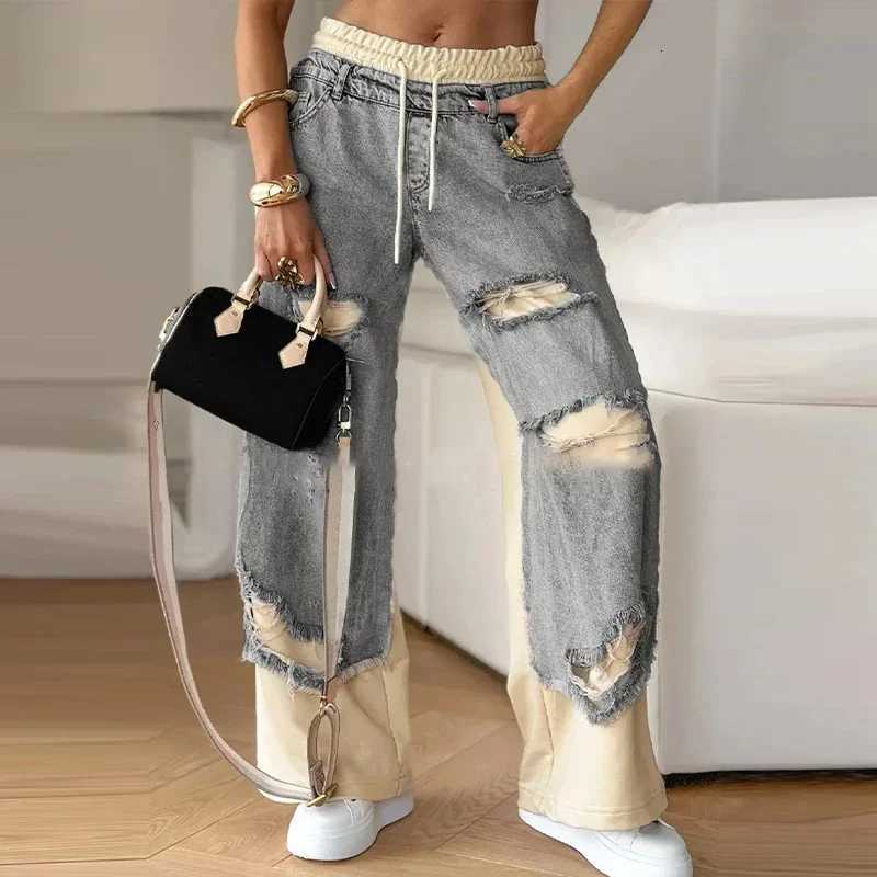 Casual Patchwork Jeans Women Loose Drawstring Low Waist Pockets Zipper Straight Leg Pants 2025 Spring Summer Street Lady Trouser Z250910