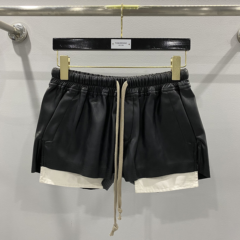 Men's Shorts Women's Fashion Basic SUBHUMAN PU Leather Four Corner Pockets Comfortable Versatile Black Short Pants