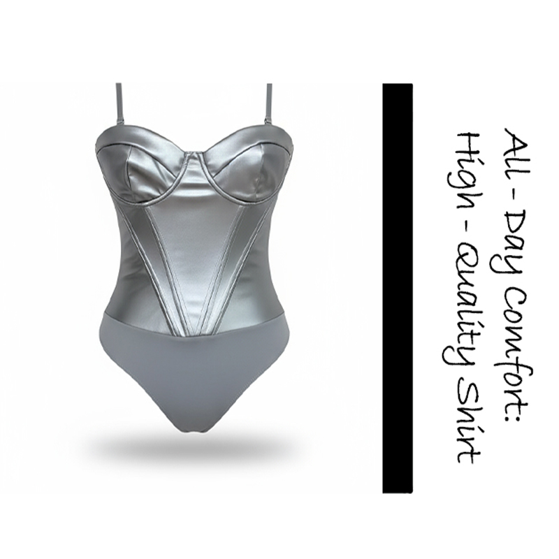 Women's Silver Satin Corset Bodysuit, Strappy Sexy Party Clubwear One - Piece Outfit
