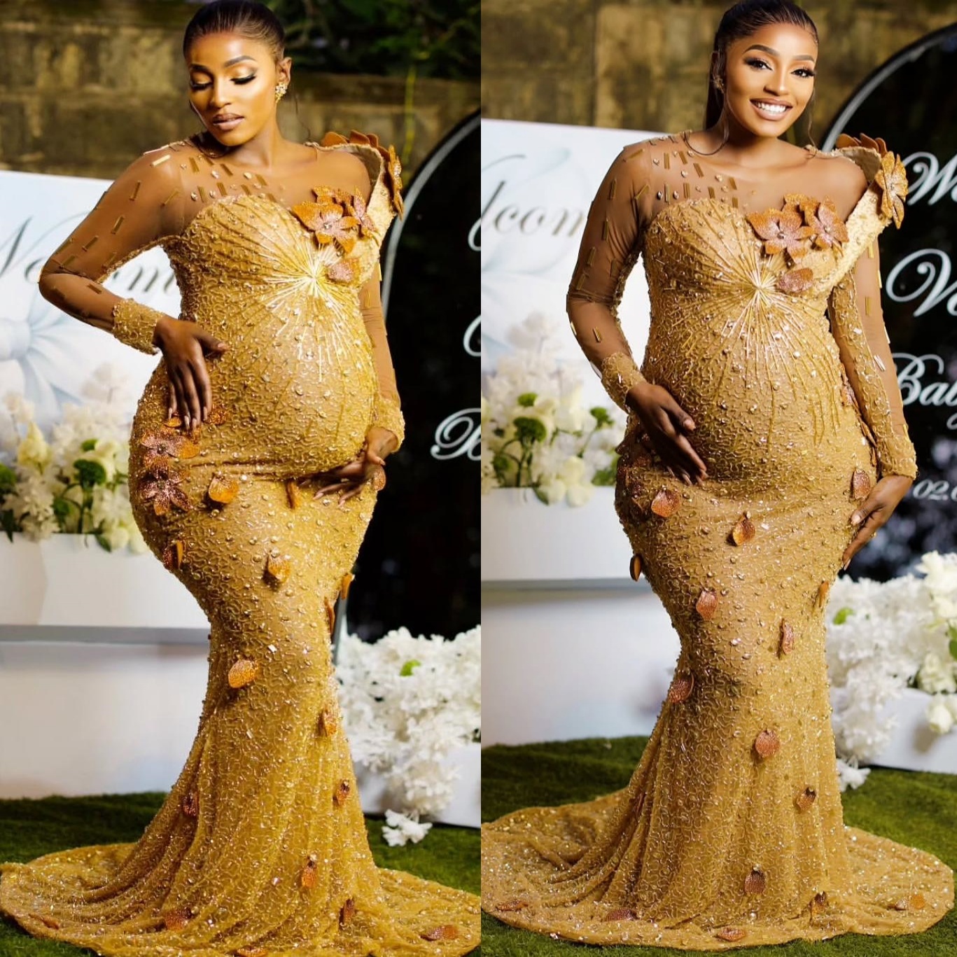 Mermaid Gold Pregnant Prom Dresses 2025 Beaded Crystals Flowers Evening Formal Party Second Birthday Engagement Gowns Plus Size Dress For Special Occa