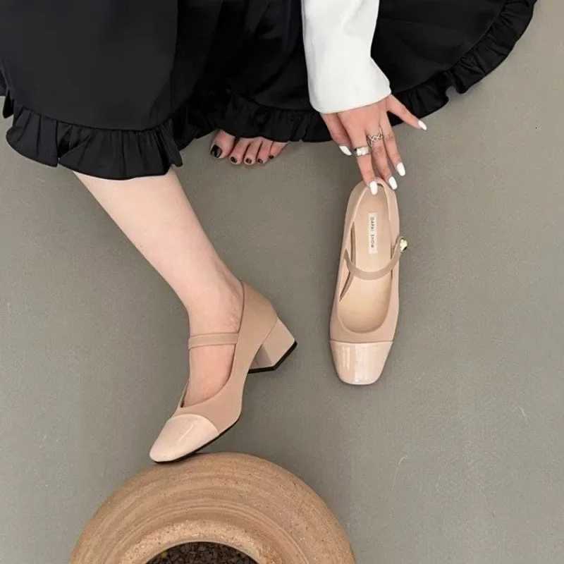 Thick Heel Mary Jane Single Shoes Womens New Spring French Mid Heel Evening Black Square Head Small Leather Shoes W250910