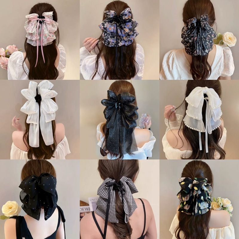 Mesh Sweet Starry Sky Bow Ribbon Claw High-End Low Ponytail Clip Back of Head Bun Hair Accessories