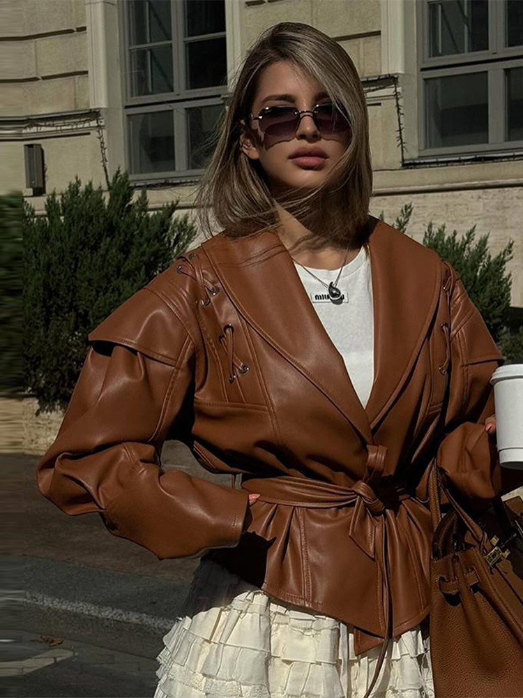 Street Solid Color Lace Up Leather Jacket Woman Waist Cinching Long Sleeves Lapel Coat Casual Versatile Women's New Leather Outerwear Revival