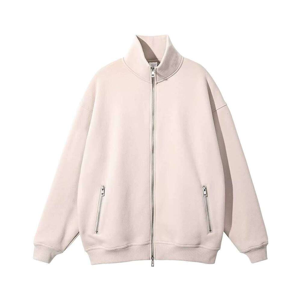 Drop Shoulder Oversized Hoodie Men's Stand Collar Wool Sweatshirt with Zipper Pocket