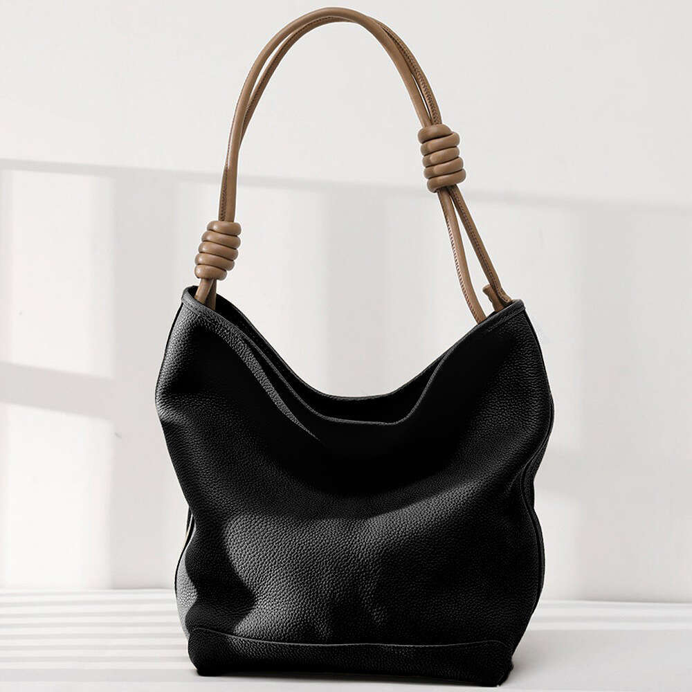 Designer Top Layer Cowhide Bucket For Women New Tote Bag With Braided Rope Soft Genuine Leather Lazy Style Underarm Bag Handbag