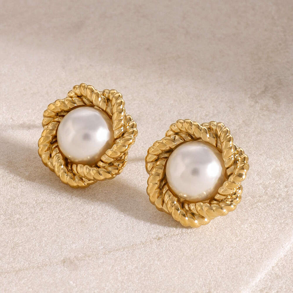Jieding Stainless Steel Gold-Plated Flower Braided Texture Pearl Design Sense High-End Versatile Earrings