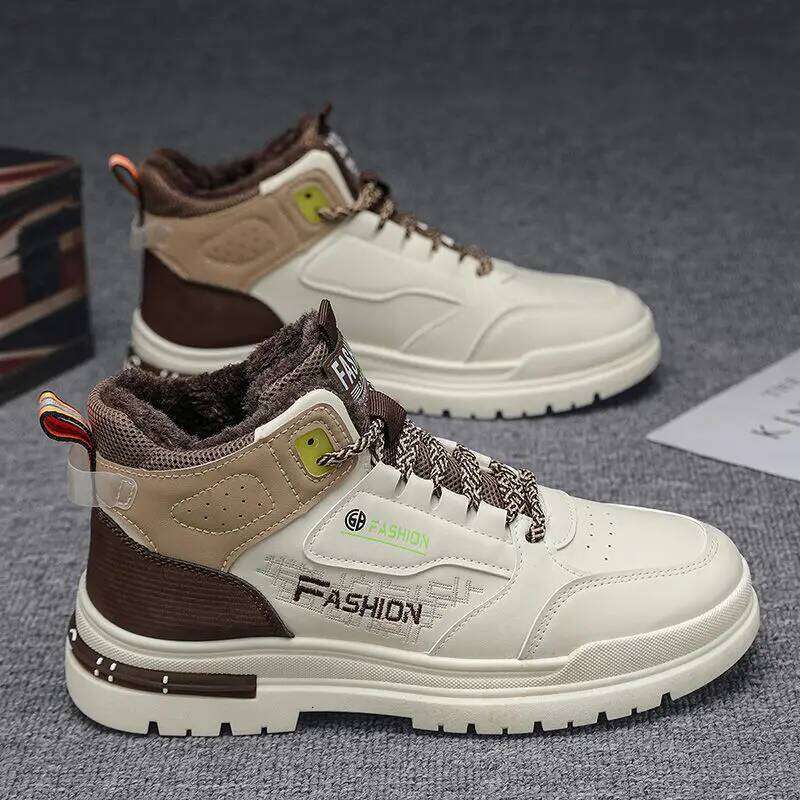 Men's 2025 new winter fleece warm cotton shoes, thick-soled work protection men's shoes, leather surface outdoor work boots