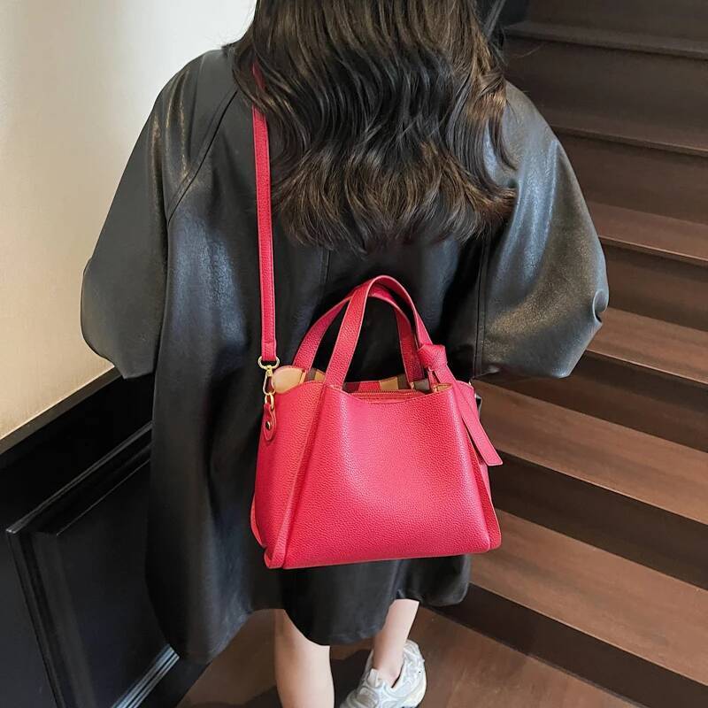 PU leather bucket bag women s shoulder bag short handle solid color simple style autumn new item lychee pattern designer bag women s crossbody bag tra