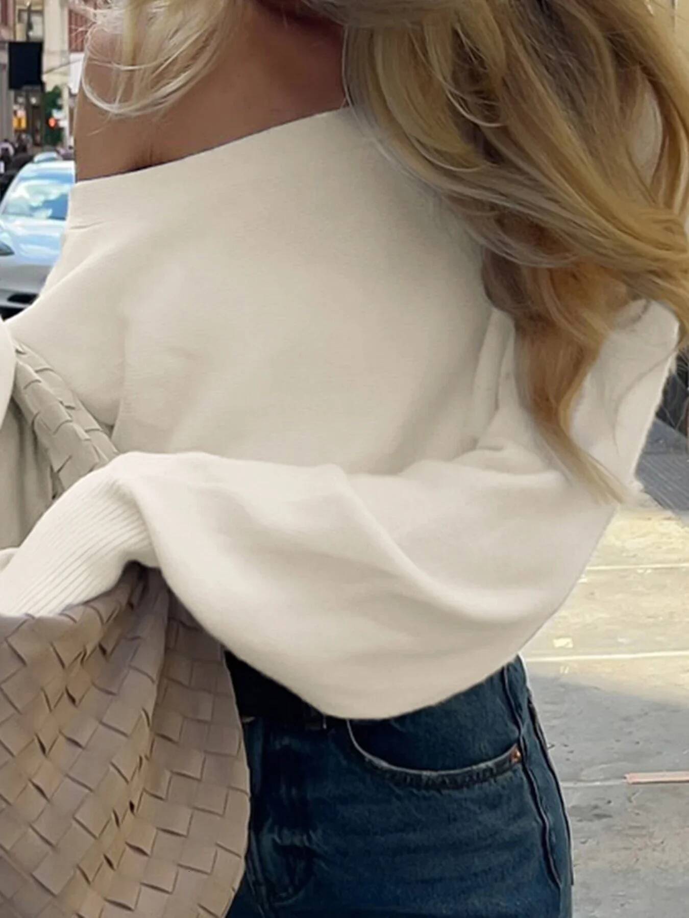 Solid Off-Shoulder Sweater Loose Slash Neck Long Sleeve Knitted Pullovers Women Autumn Winter Fashion Casual Lady dongdumaoyi