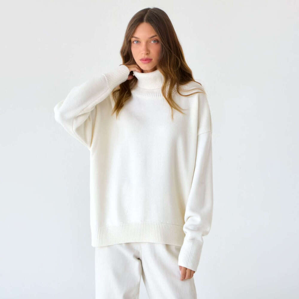 2025 European and American Autumn Winter Loose Knitted Pullover for Women, Solid Color Turtleneck Sweater