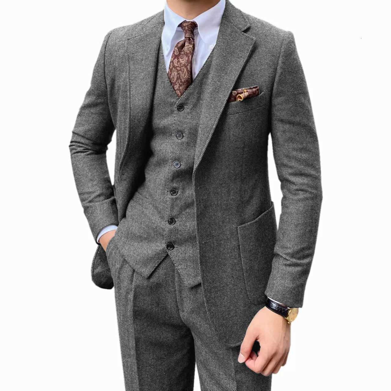 Mens herringbone suit twopiece set Notched lapel One Button Herringbone onebreasted vest jacket Coarse woolen fabrics W250910