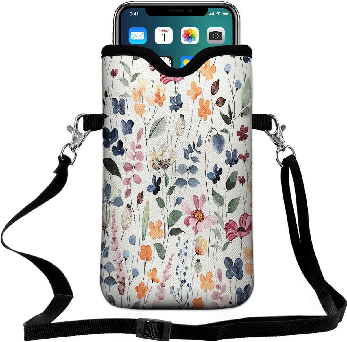 Neoprene Cell Phone Pouch 71 X 4 in Mobile Protection Case Bag with Crossbody StrapNeck Lanyard Luxury Flowers Leaf Printed Pattern Z250910