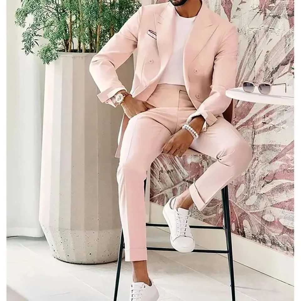 Elegant Groomsmen Men Suits Double Breasted Peak Lapel Flat Front Pink Solid Color High End 2 Piece Jacket Pants Male Clothing W250910