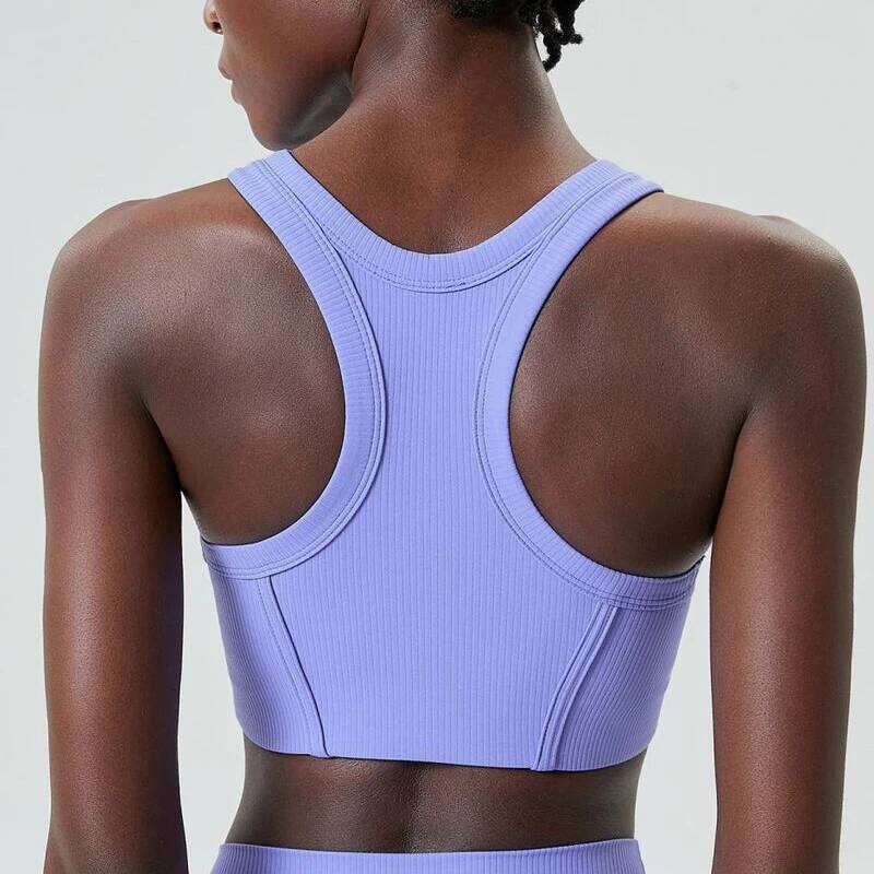 High Impact Fiess Yoga Bra Super Stretch Round Neck Gym Crop Top Ribbed Fabric Sleeveless Running Vest Female Sportswear
