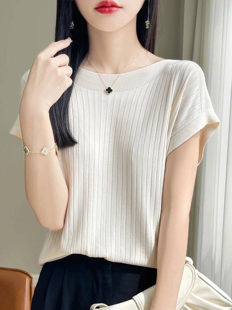 2025 Fashion Slash Neck Women Ice Silk Spring Summer Knitted Sweater Loose Casual Korean Shirts Short Sleeve Knitwears dongdumaoyi