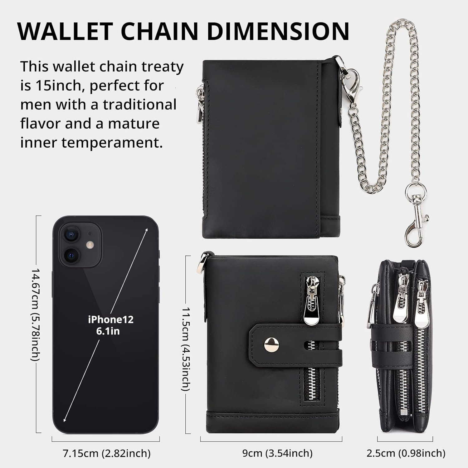 Mens Wallet with Chain RFID Blocking Genuine Leather Bifold Purse for Men with ID Window and Zip Coin PocketZ250910