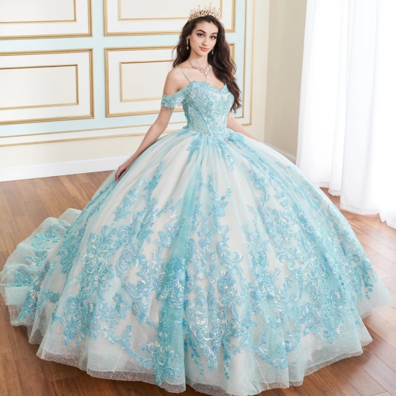 Light Blue Shiny Quinceanera Dresses Ball Gown Off The Shoulder Applique Lace Beading Crystal Tull Sweet 16 Dress Vestidos 15 De Anos