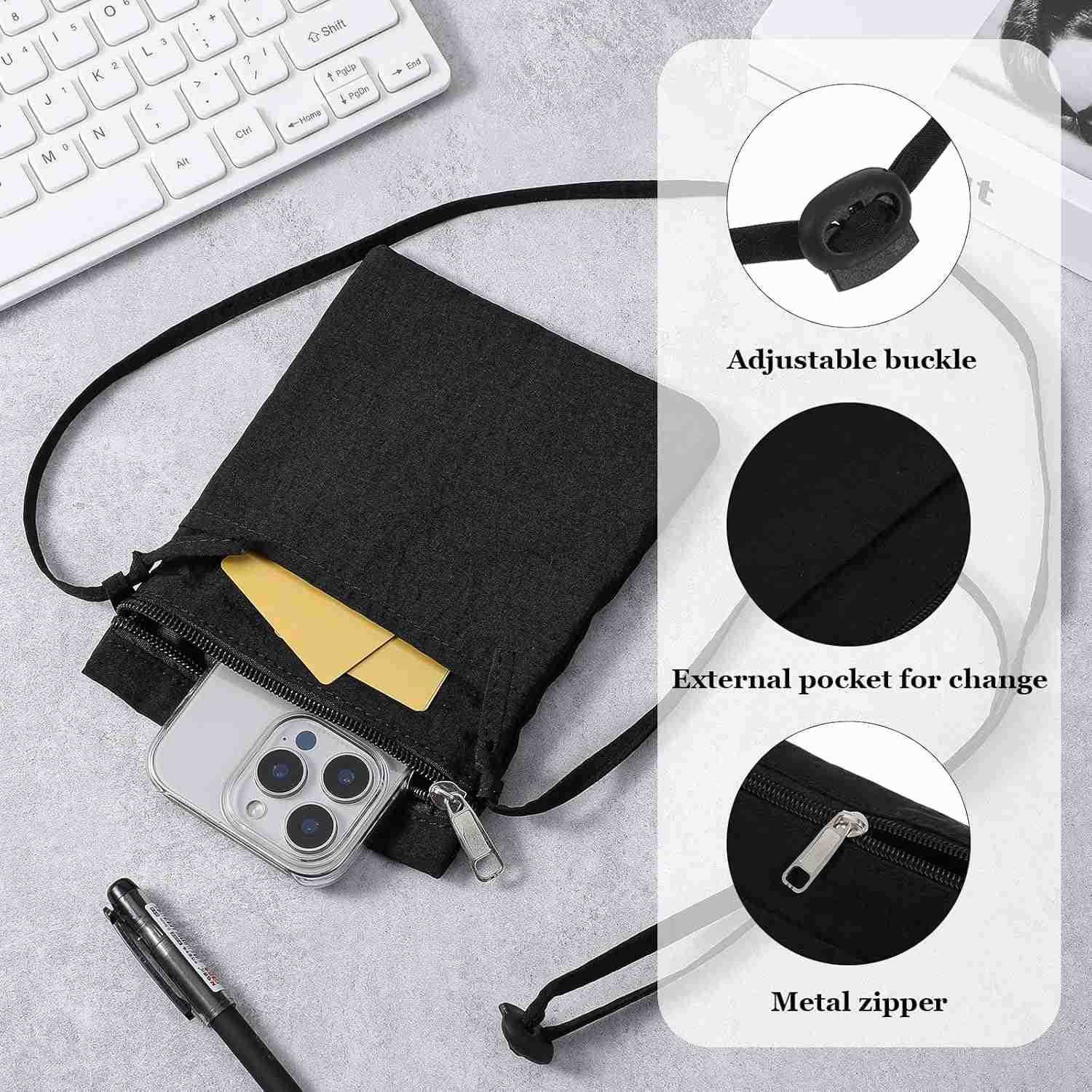 Black Cell Phone Pouches for Women Small Crossbody Zipper Nylon Purse Easy Carrier Purse Handbag for Walking Outdoor with Strap Z250910