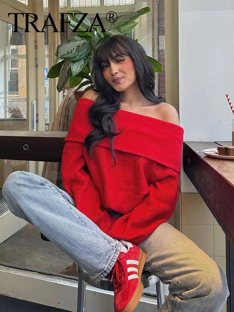 TRAFZA Women Fashion Solid Off Shoulder Long Sleeve Knitted Pullover Sweater Autumn Female Casual Knitwear Chic Top dongdumaoyi