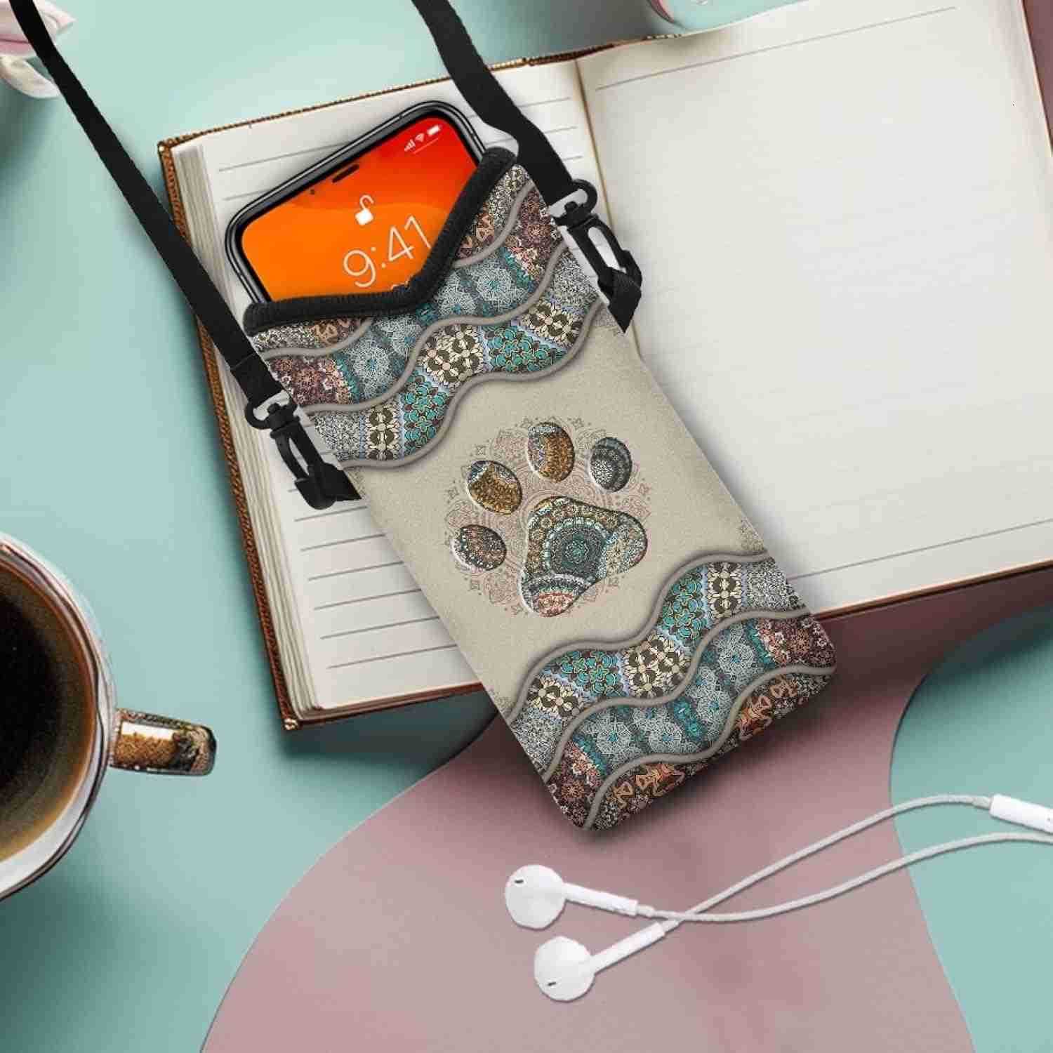 Boho Paw Print Neoprene Phone Sleeve for Women Men Lightweight Cell Phone Pouch Case Bag with Crossbody StrapNeck Lanyard for iPhone 8 X 4 inch Z25091