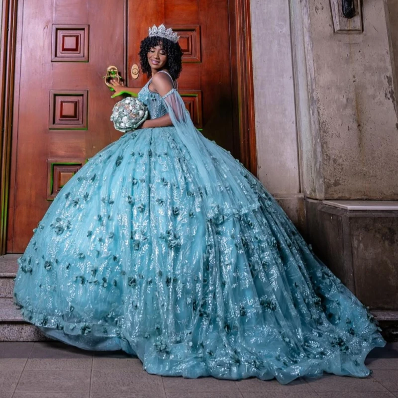 Water Blue Shiny Quinceanera Dresses Ball Gown Off The Shoulder Sequin Applique Flower Beads Tull Sweet 16 Dress Vestidos 15 De Anos
