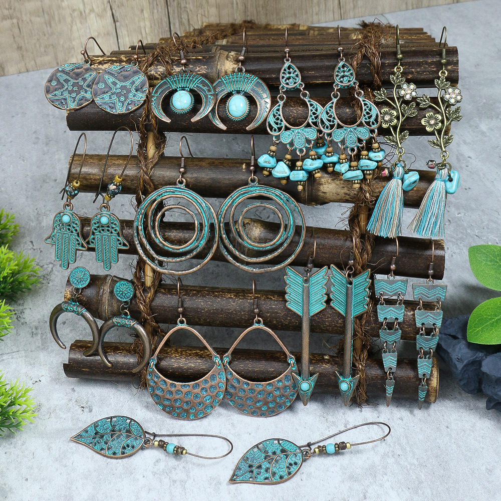Bohemian Turquoise Tassel Earrings for Women Geometric Alloy Fringe Drop Earrings Retro Vintage Statement Jewelry