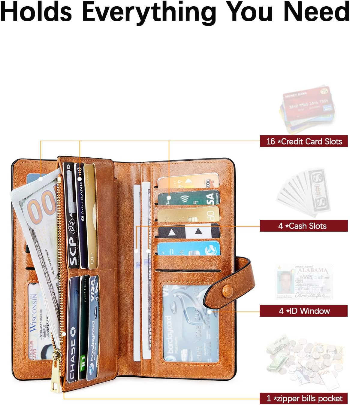 Womens Leather Wallets RFID Blocking Large Capacity Trifold Card Holder Ladies Phone Clutch BrownZ250910