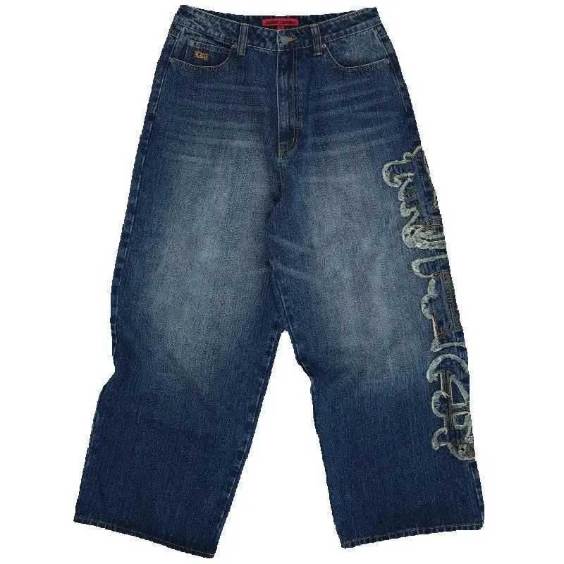 Y2K Vintage Side Letter Patch Womens Jeans American Design Sense Hiphop Blue Loose Wideleg Pants Couple Streetwear Jeans Z250910