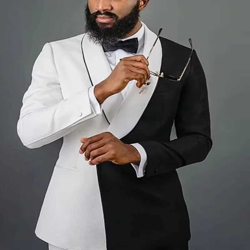 White Black Men Wedding Suit Casual Groom Tuxedos Shawl Lapel Prom Blazer Business Suits Slim Fit 2 Piece SetJacketPants W250910
