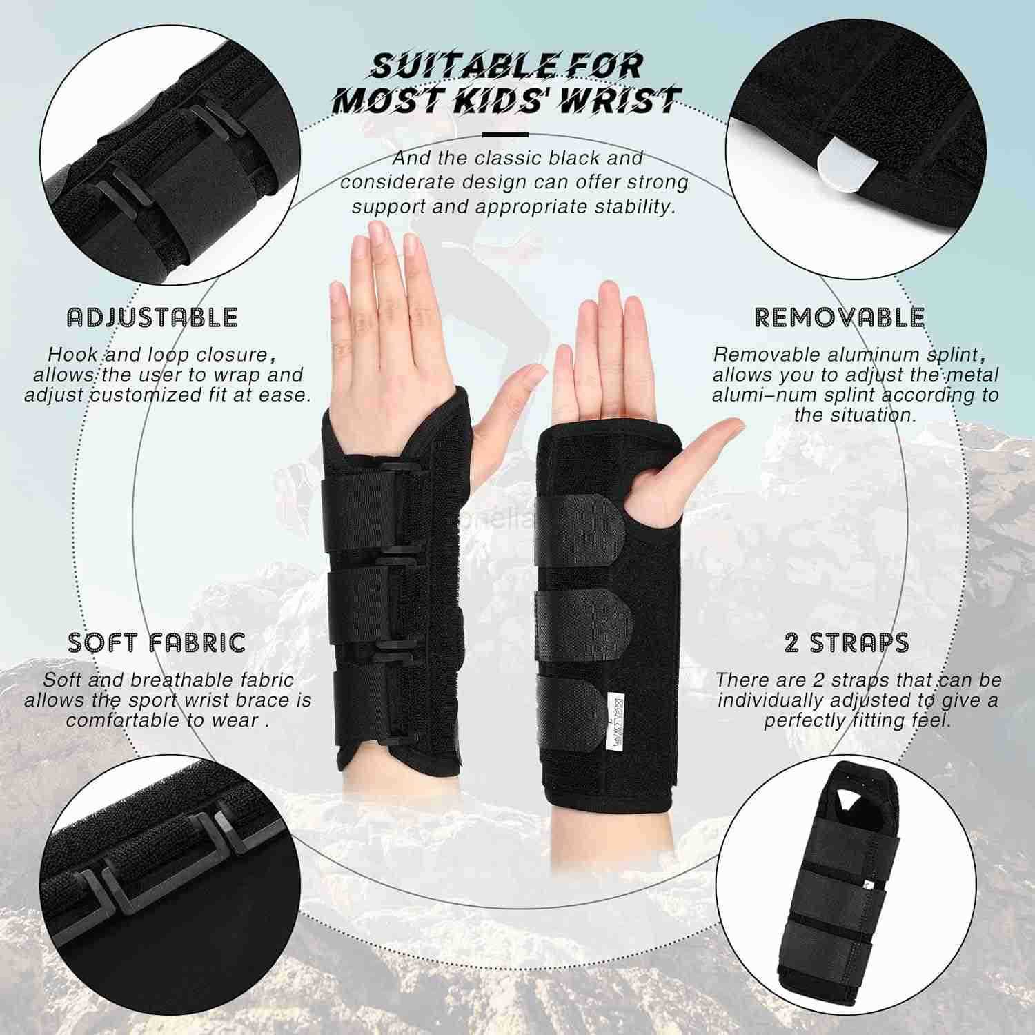 2 Pcs Wrist Brace for Kids Youth Carpal Tunnel Black Splints Wrist Brace Night Support with Adjustable Compression Straps for Children Sports Sleep Ag