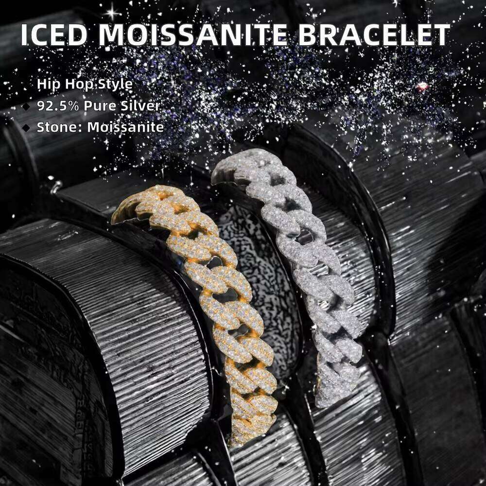High-End 10mm Cuban Bracelet Sier Fine Jewelry Iced Out Hip Hop Style Moissanite Bangle