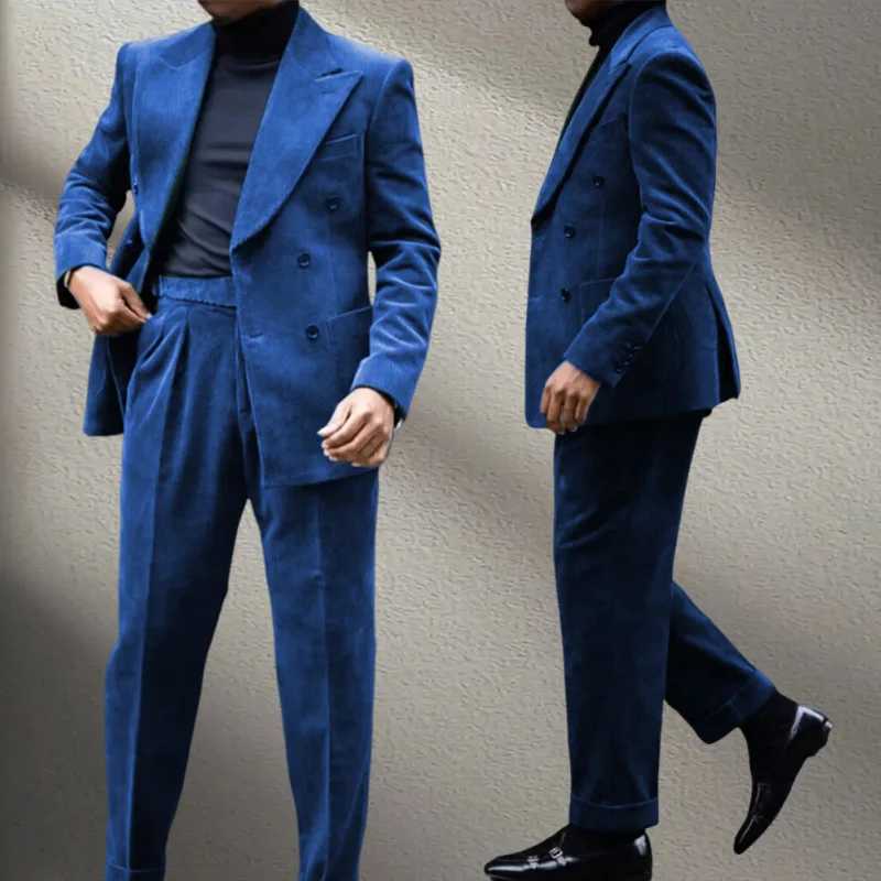 Autumn Winter Corduroy Mens 2 pieces suit Man blue suit Jacket suit Pants Suit Thick top for Wedding Banquet Business W250910