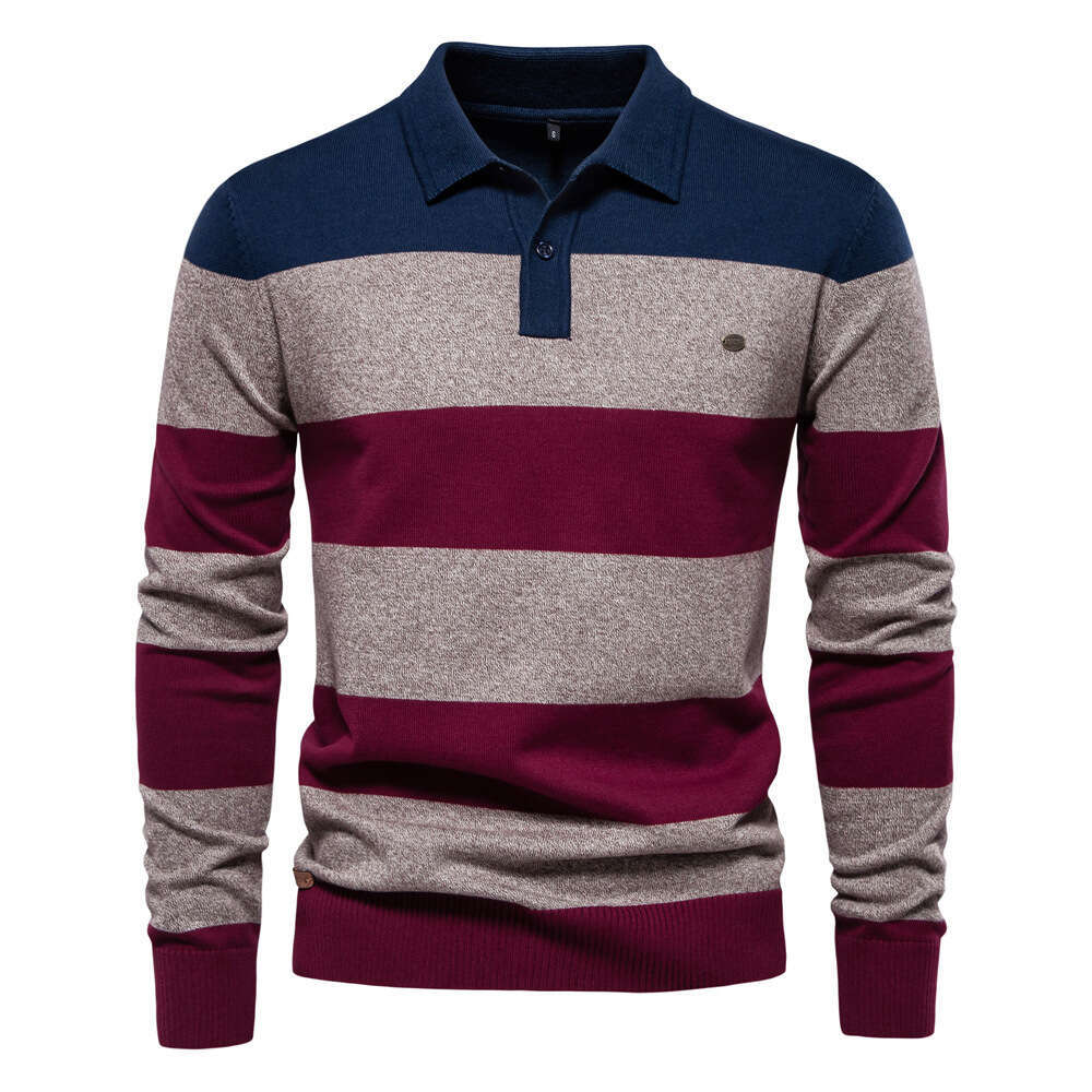 2024 Autumn New Long Sleeve Polo Collar Slim Fit Lapel Striped Patchwork Men's European Size Knitted Sweater
