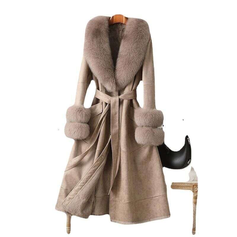 Women's Clothing Rabbit 2024 New Mid Length Women's Over The Knee Fox Fur Collar Coat Slim Fit