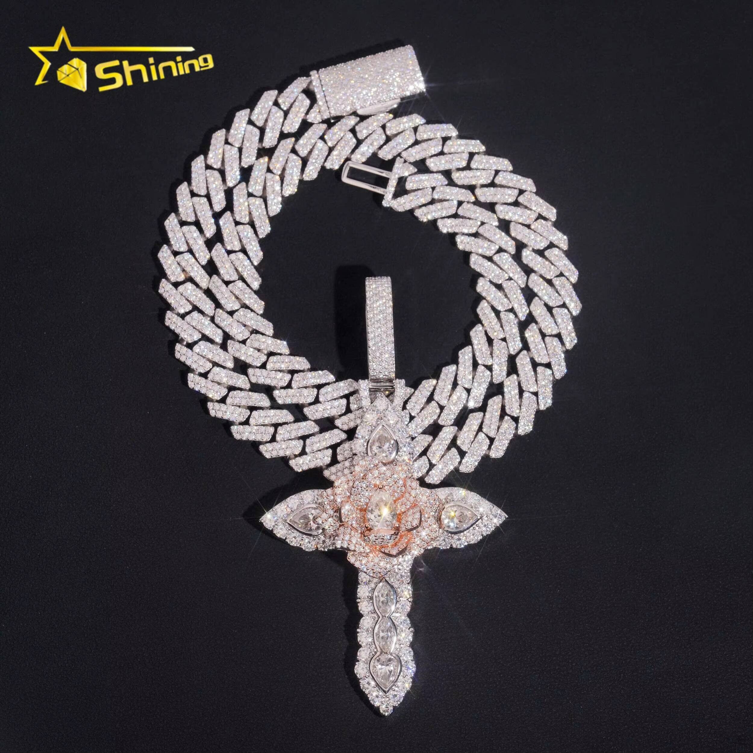 Solid Heavy Two Tone VVS Diamond Hip Hop 925 Silver Iced Out 3D Custom Moissanite Cross Pendant