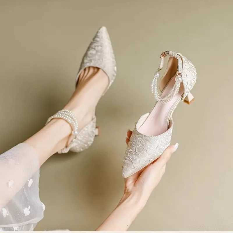 Womens Single Shoes with Pearl Straight Buckle Strap Low Heel Pointed Toe 2025 New Spring Outdoor PU Apricotblack Low Top Shoes W250910