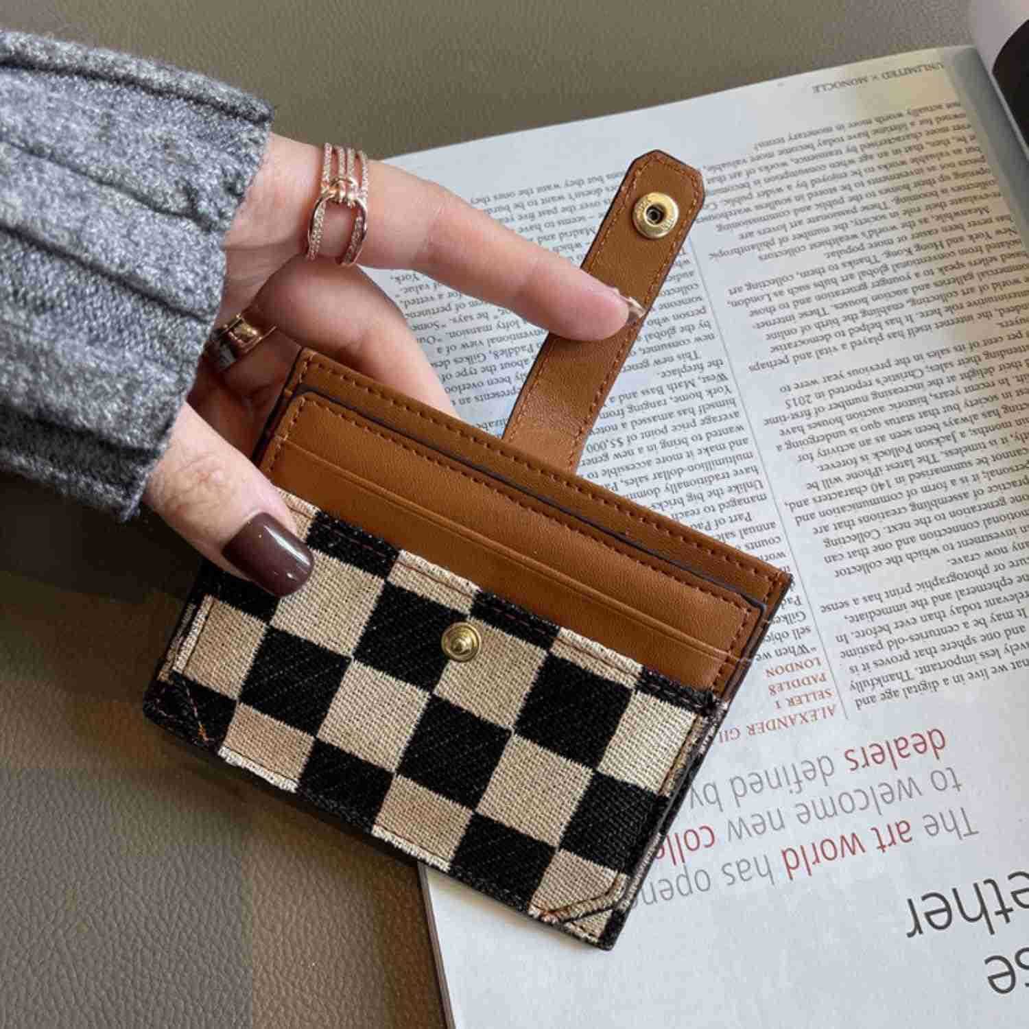 Cute Slim Card Holder Canvas Front Pocket Checkered Wallet Small CARD Case for Women BrownZ250910