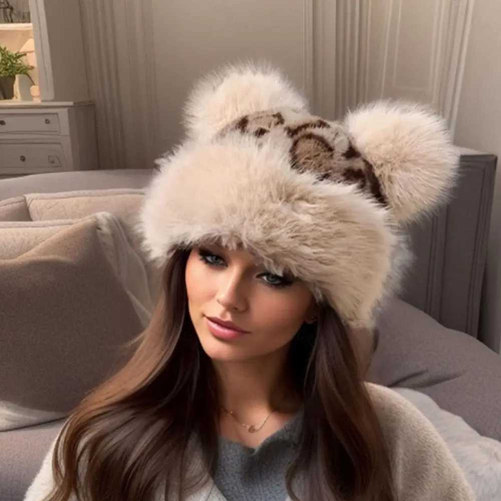 Ear Protection Hat Russian Hat Leopard Print Bear Ears Plush Thick Warm Fluffy Fur Winter Outdoor Snow Ski C Soft Bucket HatXJ250910