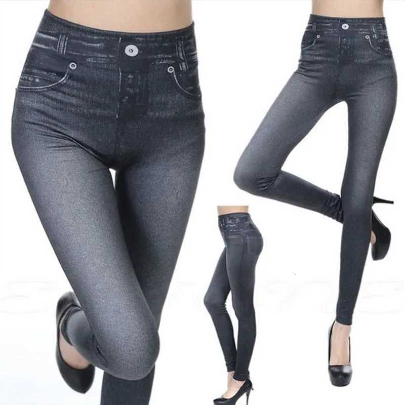 1pcs Womens Denim Print Leggings Females Fashion Slim Leggings Faux Jeans Leggings Lady Stretch Printed Tights Black Blue Pants Z250910