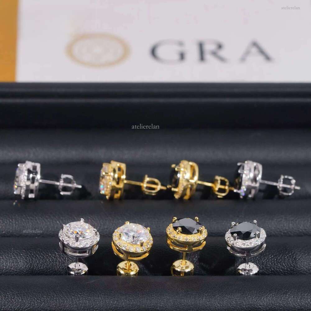 Fashion Jewelry Sterling Sier Hip Hop Screw Back Halo 7.5mm Center Stone Moissanite Studs Earrings