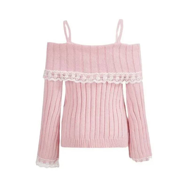 Women Off Shoulder Knit Sweater Pink Pullover Sweet Pullovers Long Sleeve Bow Lace Patchwork Jumpers Y2k Streetwear dongdumaoyi