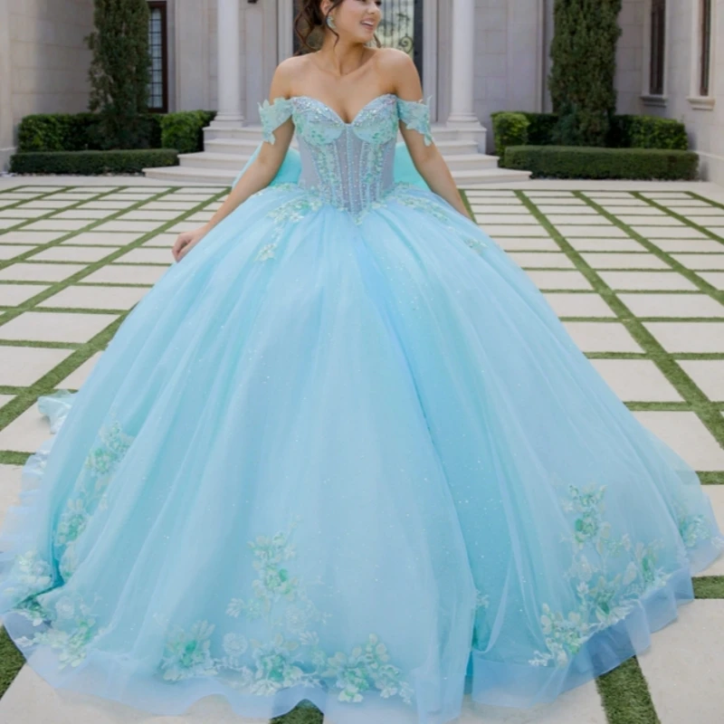 Light Blue Shiny Quinceanera Dresses Ball Gown Off The Shoulder Applique Lace Beads Bow Corset Party Birthday Tull Sweet 16 Dress Vestidos 15 De Anos